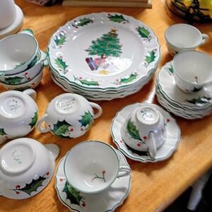 Holiday Dinnerware Set with Christmas Tree and Holly Design
